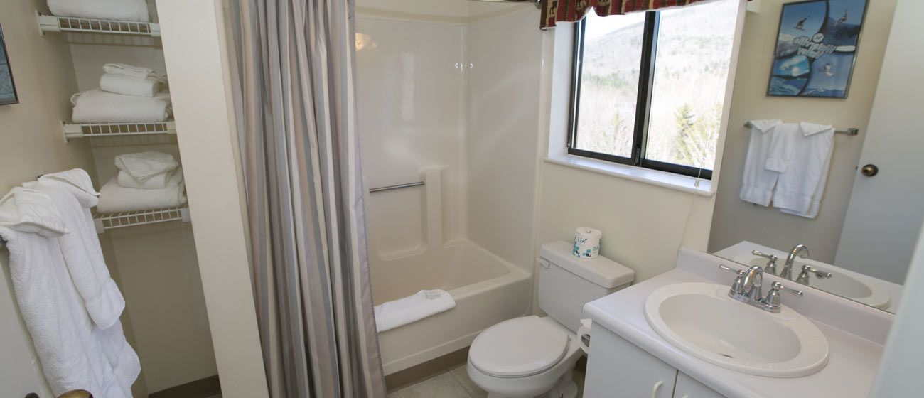 A bathroom with a shower, toilet, and sink.