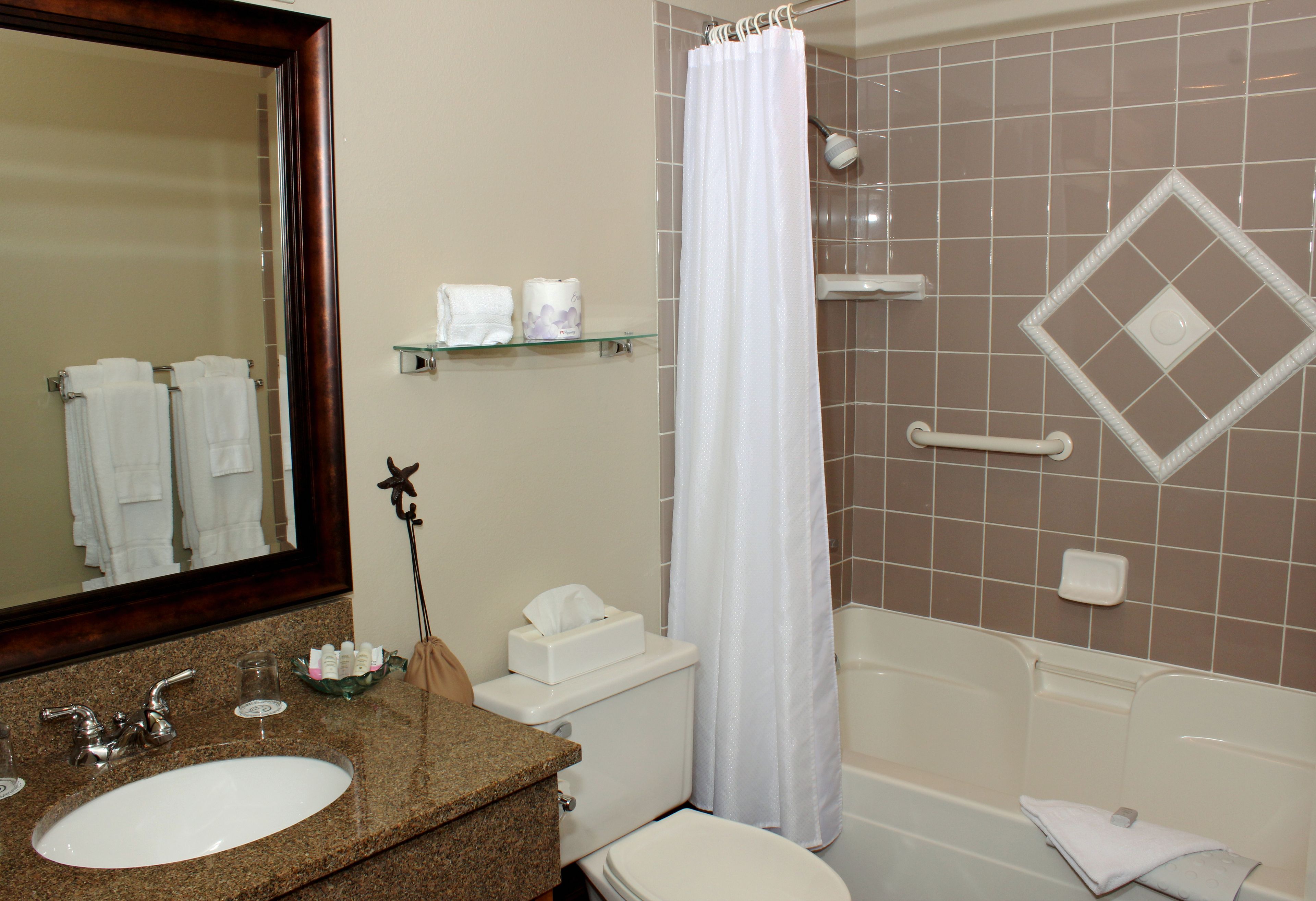 combined shower/bathtub, hair dryer, bathrobes, towels