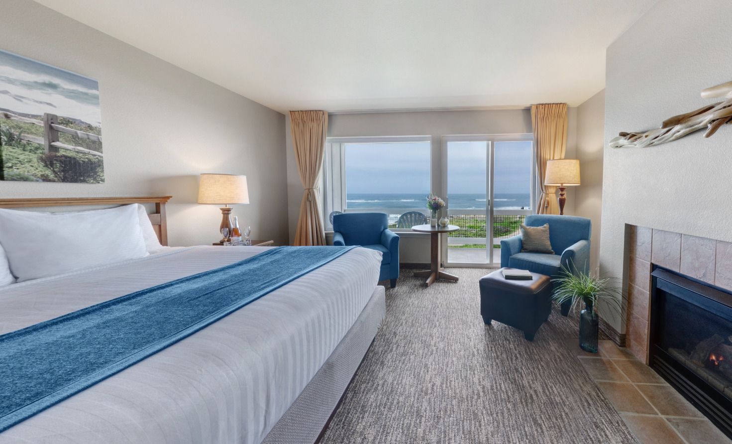 king bed, fireplace, balcony | 1 bedroom, desk, laptop workspace, iron/ironing board