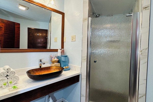 Shower, free toiletries, hair dryer, soap
