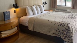 Habitación de hotel con una cama grande, una mesita de noche, una lámpara y una ventana con cortinas.