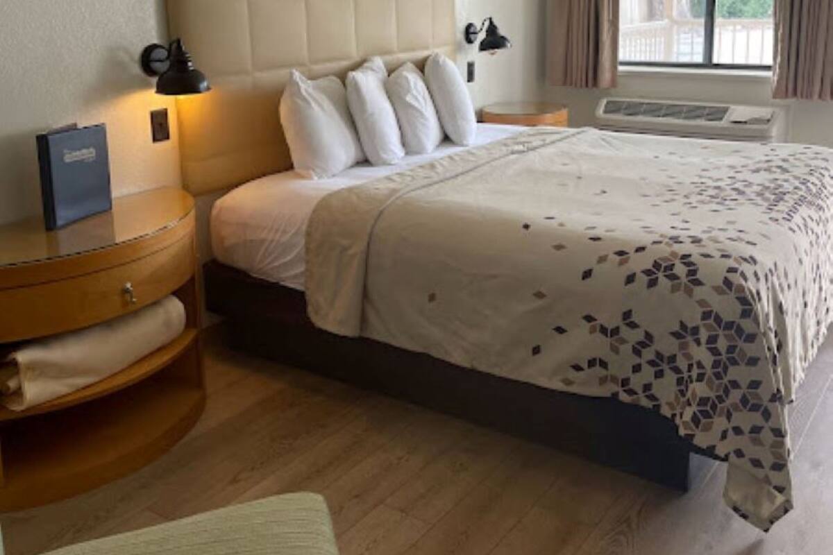 A hotel room with a large bed, a bedside table, a lamp, and a window with curtains.