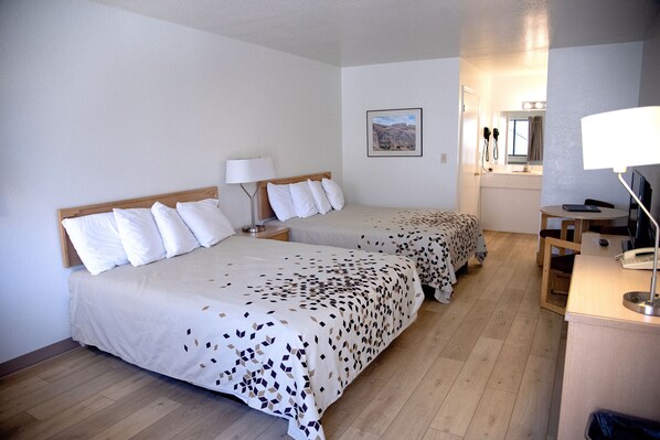 Standard Room, 2 Queen Beds, Refrigerator & Microwave | Desk, laptop workspace, blackout drapes, iron/ironing board