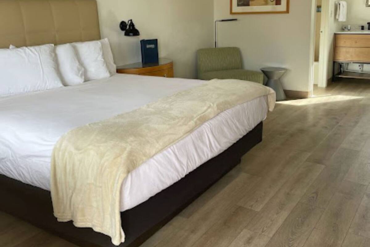 A spacious bedroom with a large bed, a bedside table, a chair, a desk, and a painting on the wall.