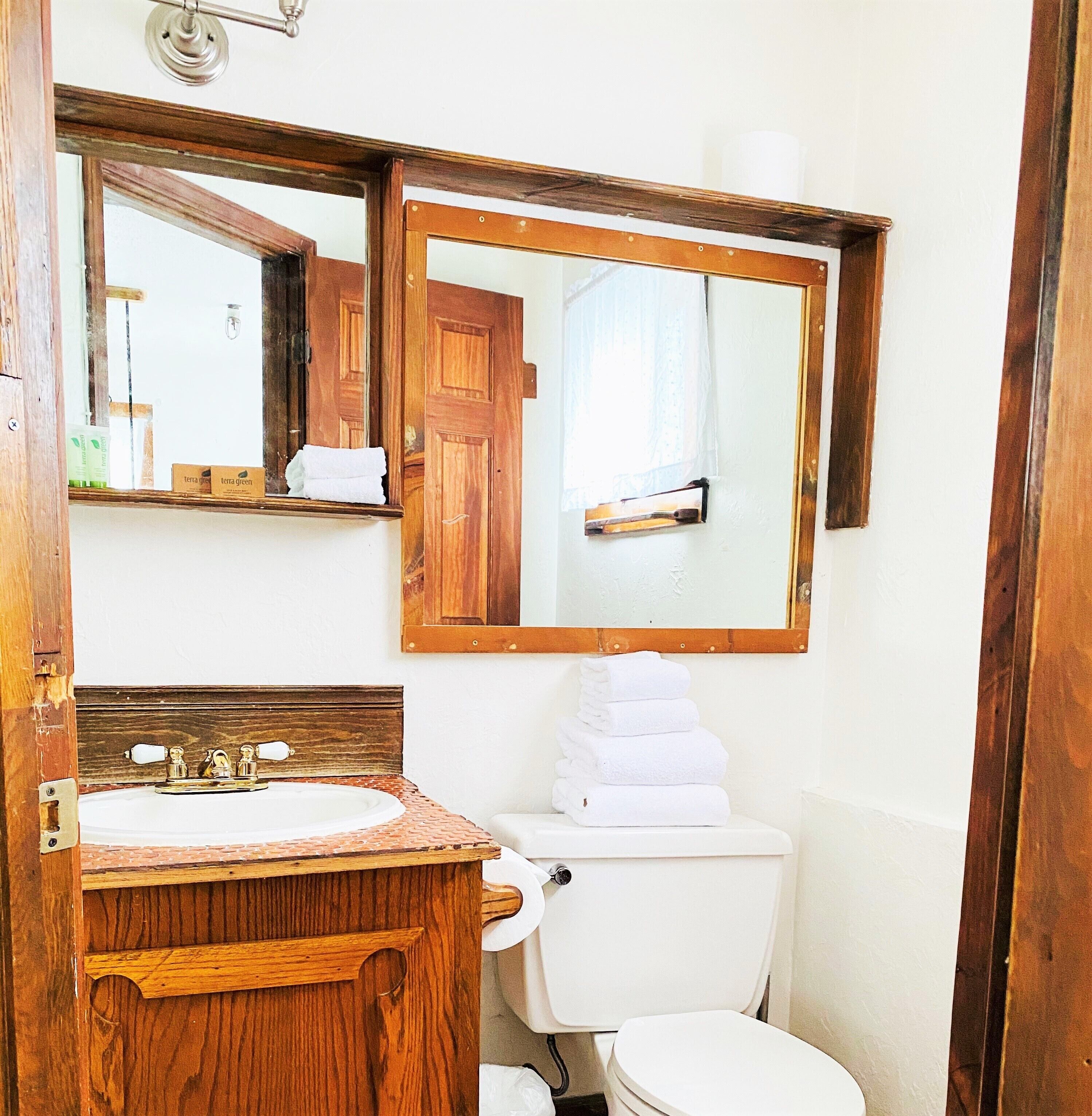 Een badkamer met een houten wastafelmeubel, een wastafel, een spiegel en een toilet.
