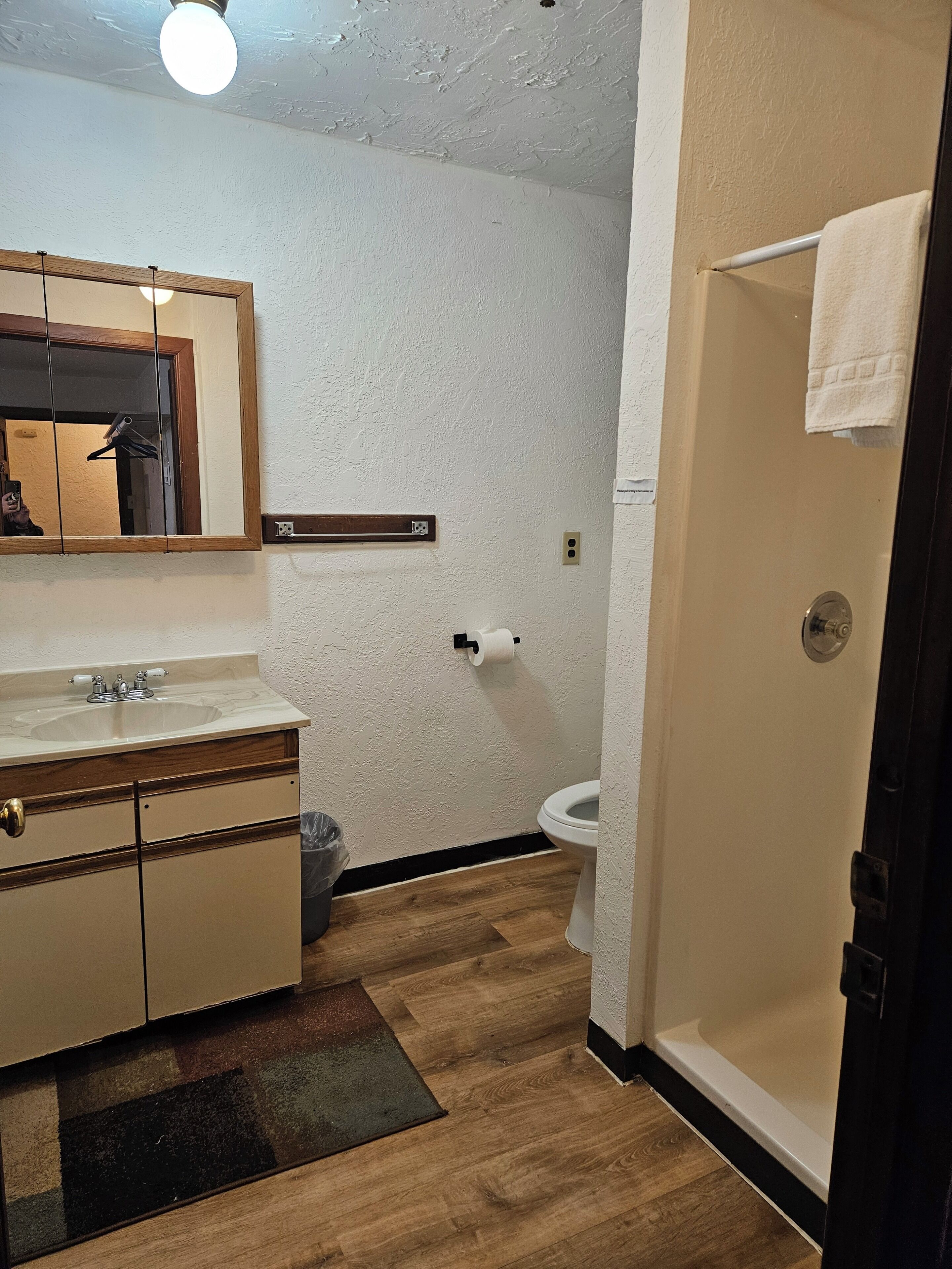 A bathroom with a wooden vanity, a mirror, a toilet, and a shower door.