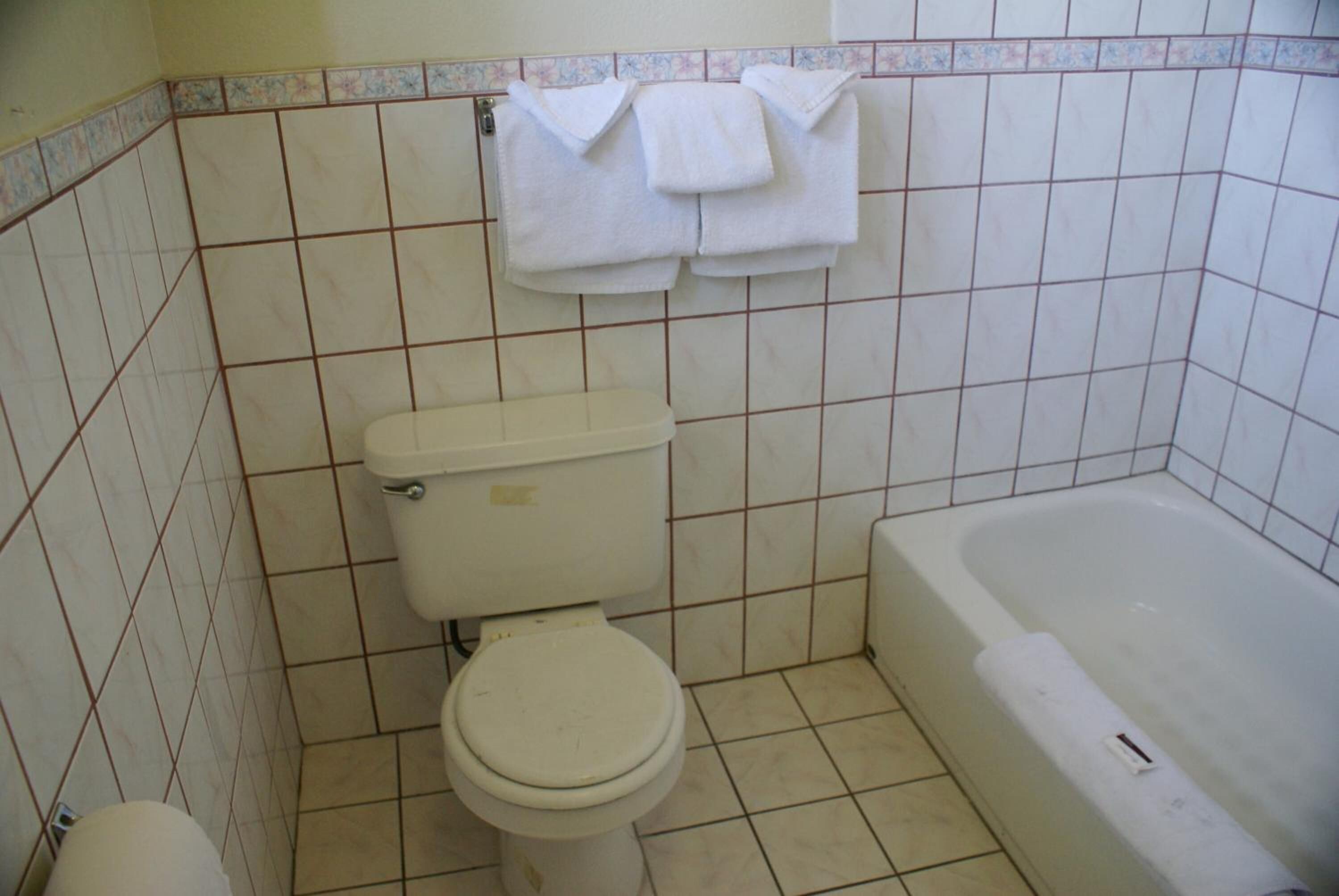 Une salle de bain comprenant des toilettes, une baignoire et un mur carrelé avec un porte-serviettes.