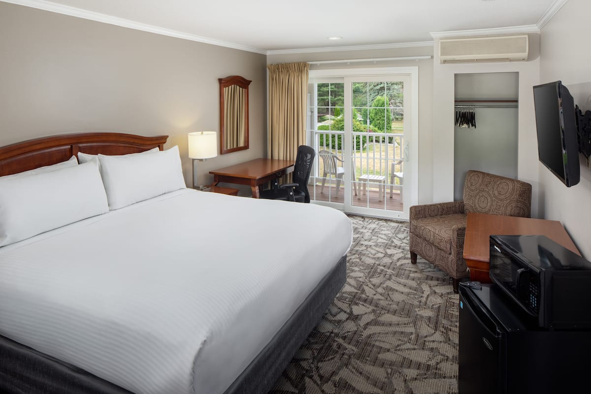 A hotel room with a large bed, a desk with a chair, a television, and a balcony with a view of greenery.