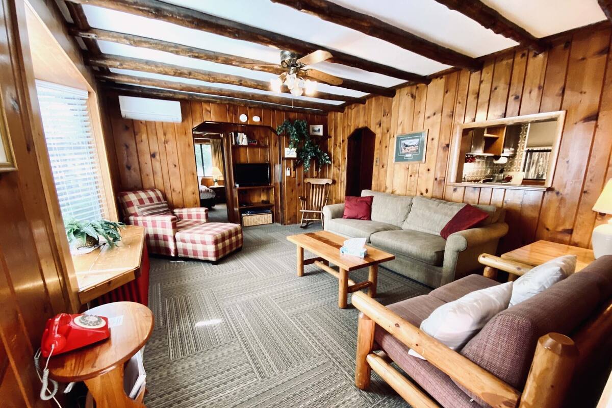 A cozy cabin-style room with wooden walls and ceiling, a sofa, a chair, a small table, and a telephone.