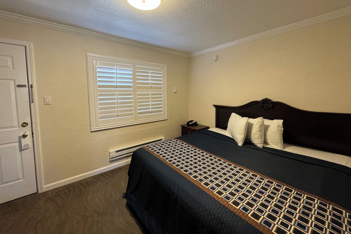 A bedroom with a bed, a nightstand, a window with blinds, a door, and a ceiling light.