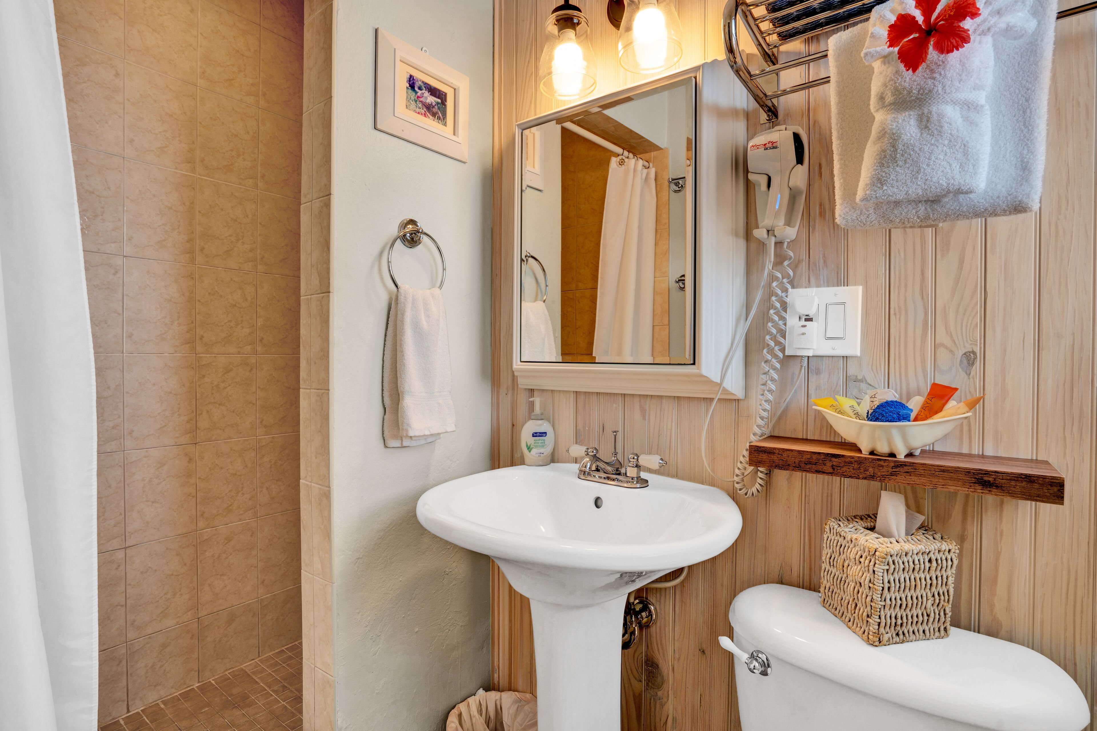 A bathroom with a white sink, a mirror, a towel rack, a shower curtain, and a toilet.