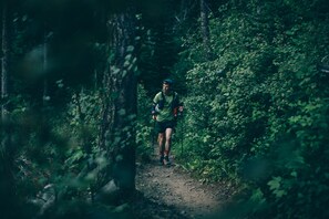 A person hiking on a forest trail. - The Stranger Lodge (Sisters)