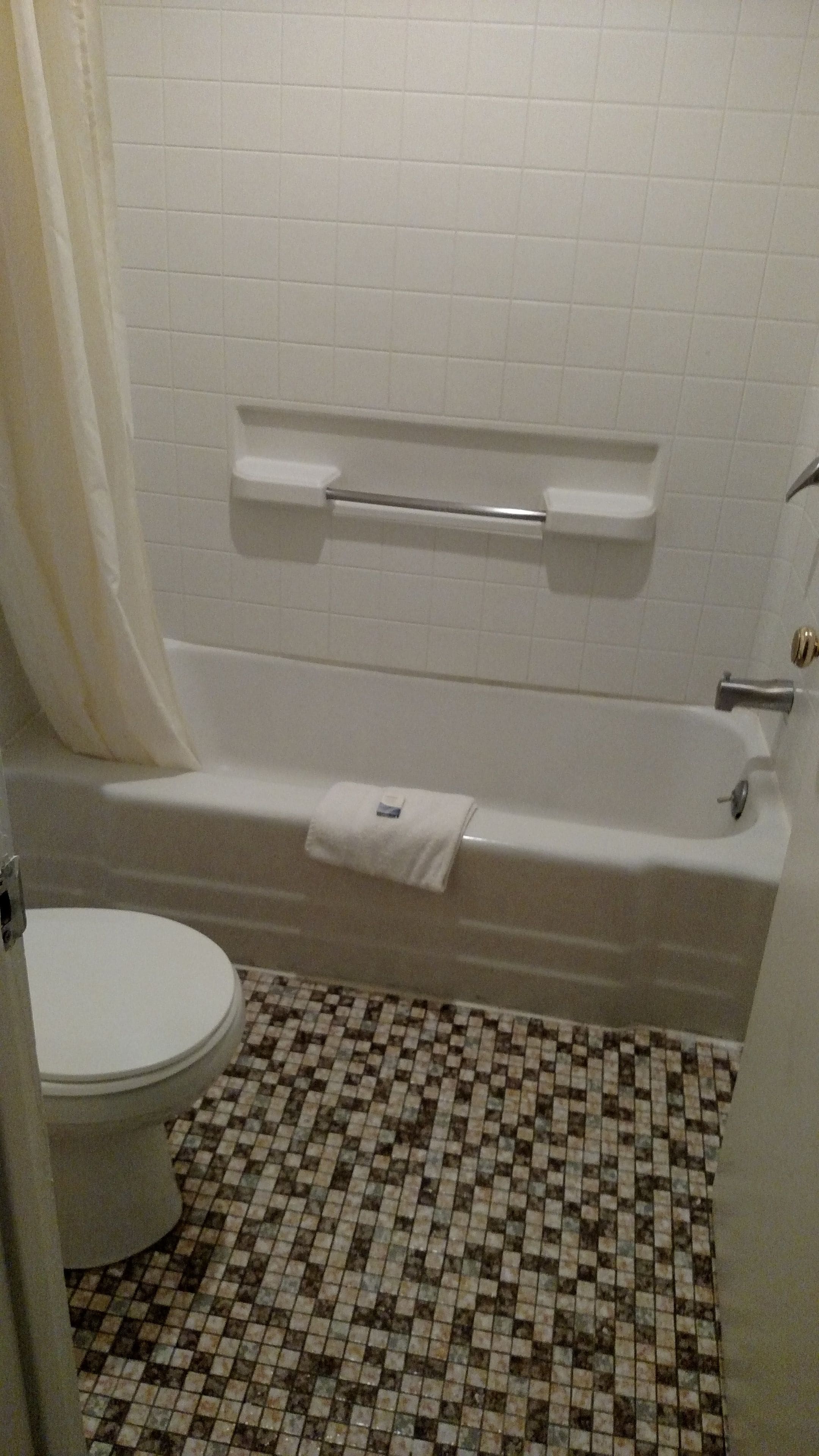 A bathroom with a bathtub, toilet, and a shower curtain.