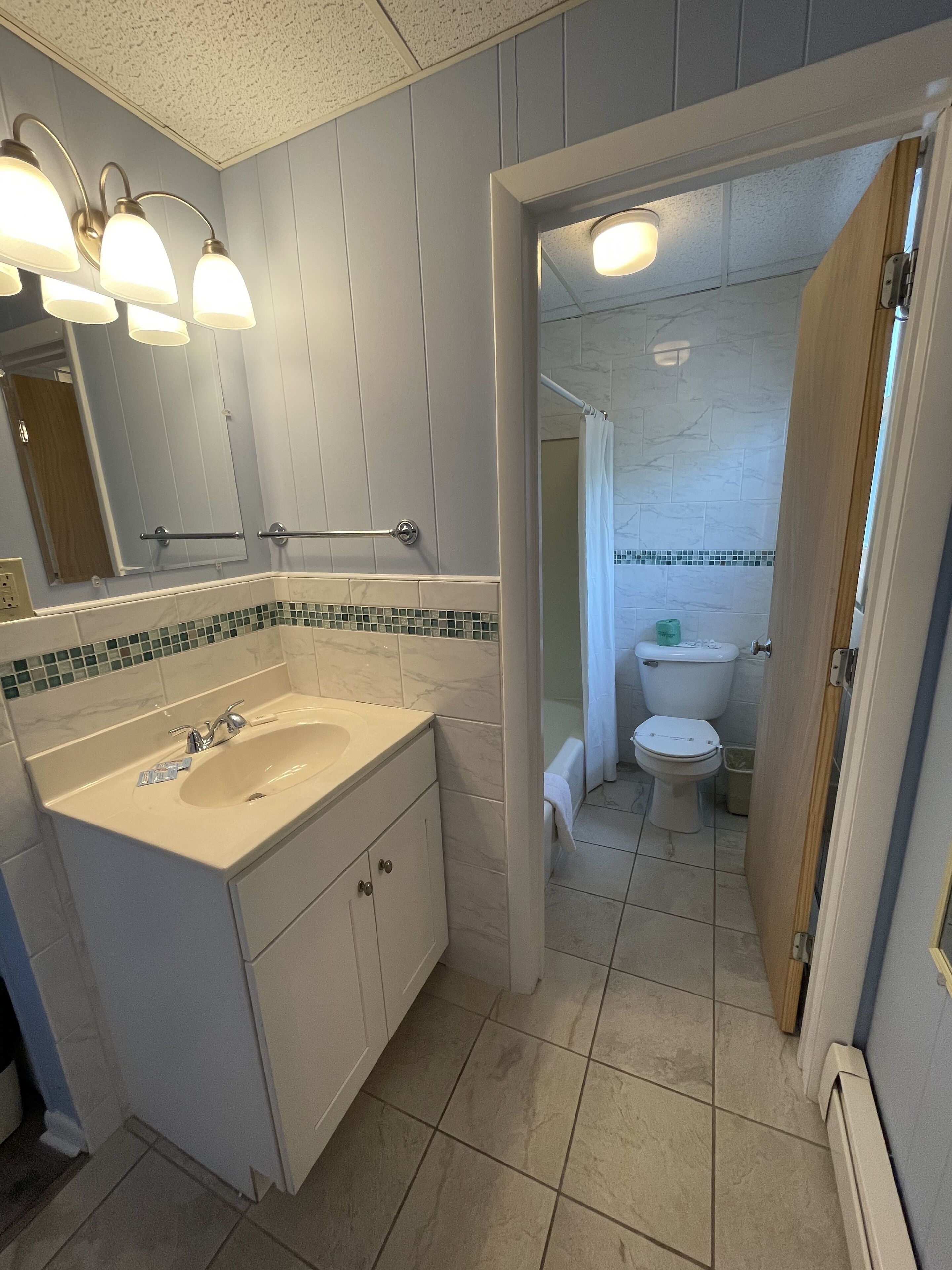 A bathroom with a sink, mirror, and toilet.