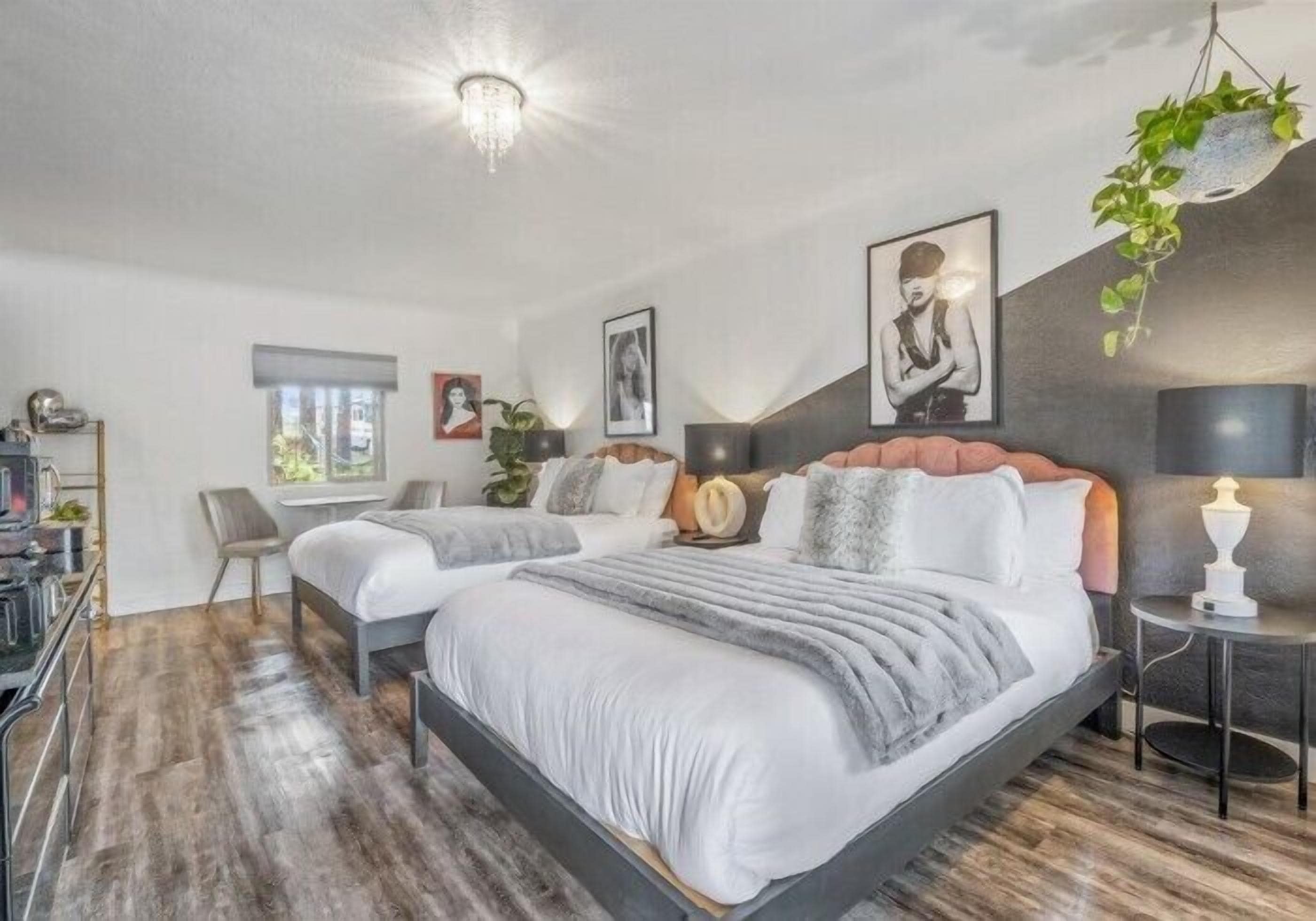 Une chambre d’hôtel moderne avec un grand lit, des tables de chevet, un bureau et une plante suspendue.