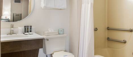 Une salle de bain comprenant des toilettes, un lavabo, un miroir, un porte-serviettes, une douche équipée de barres d’appui et une baignoire.