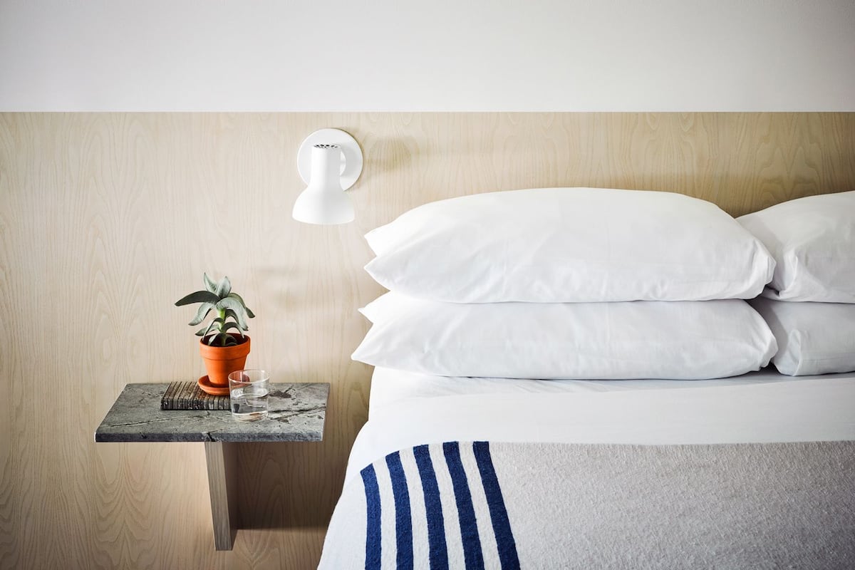 A neatly made bed with white pillows and a striped blanket, a small bedside table with a potted plant and a glass of water, and a wall-mounted lamp.