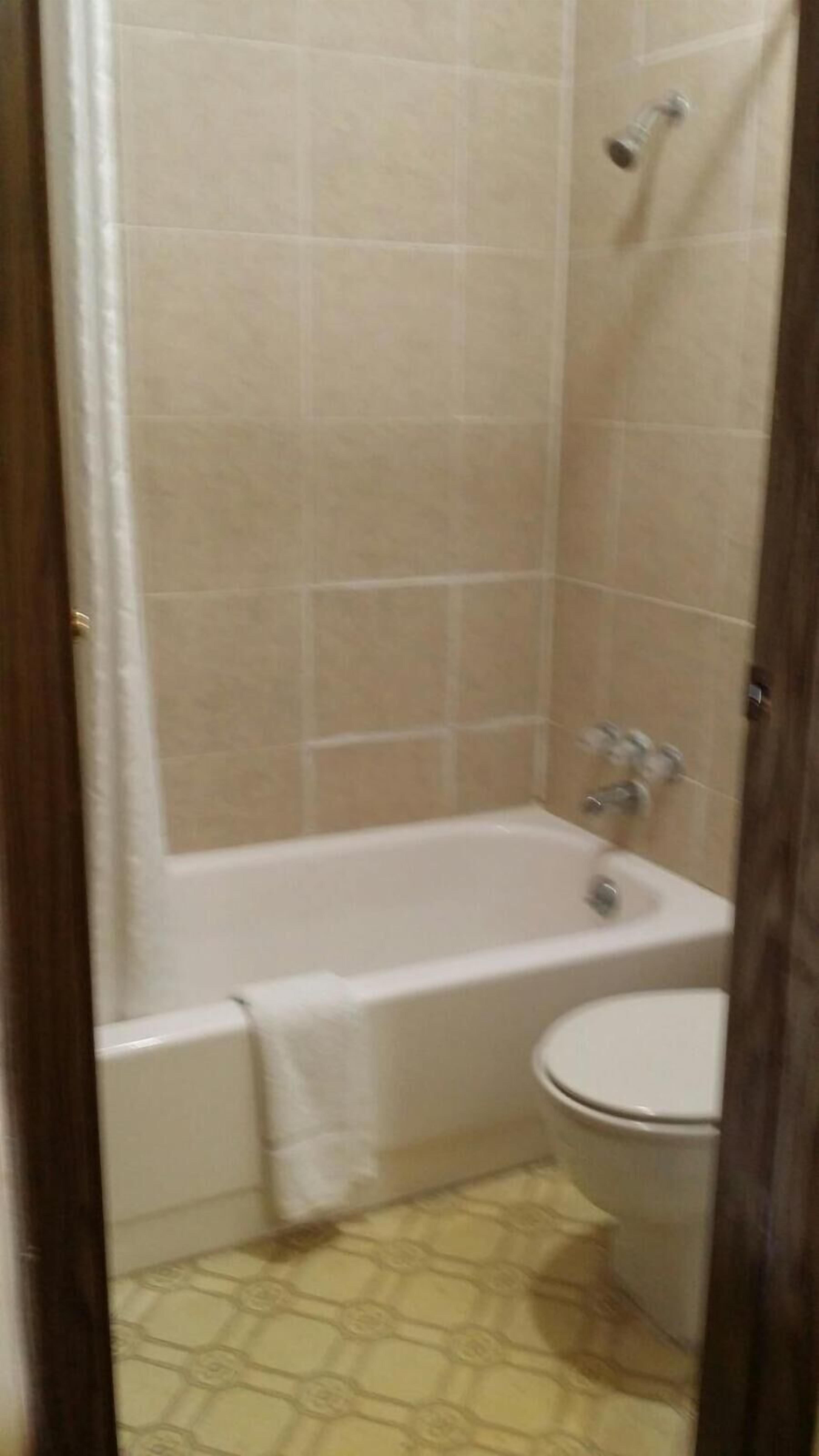 Een badkamer met een bad, toilet en douche.