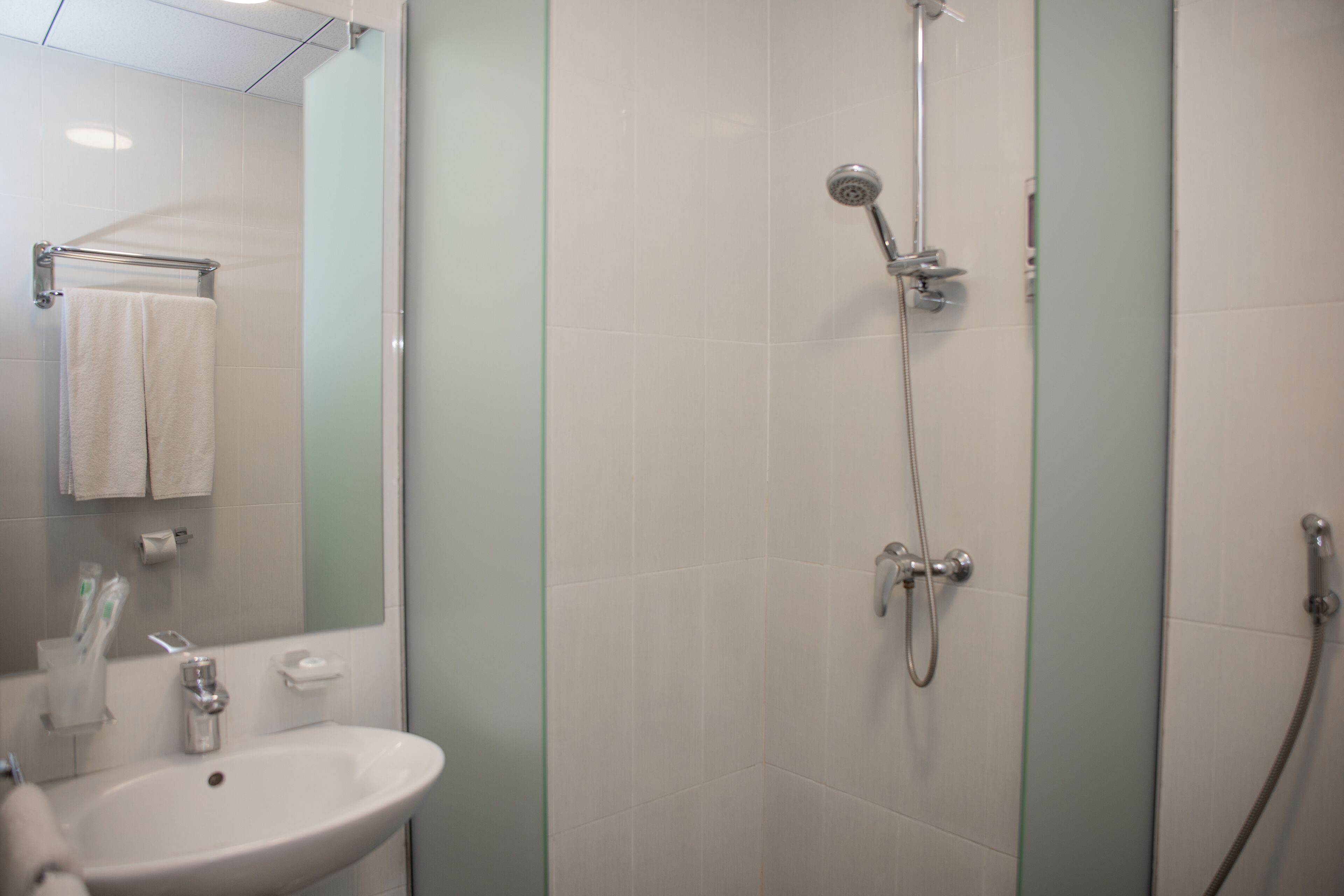 A bathroom with a white sink, a glass shower enclosure, and a mirror above the sink.