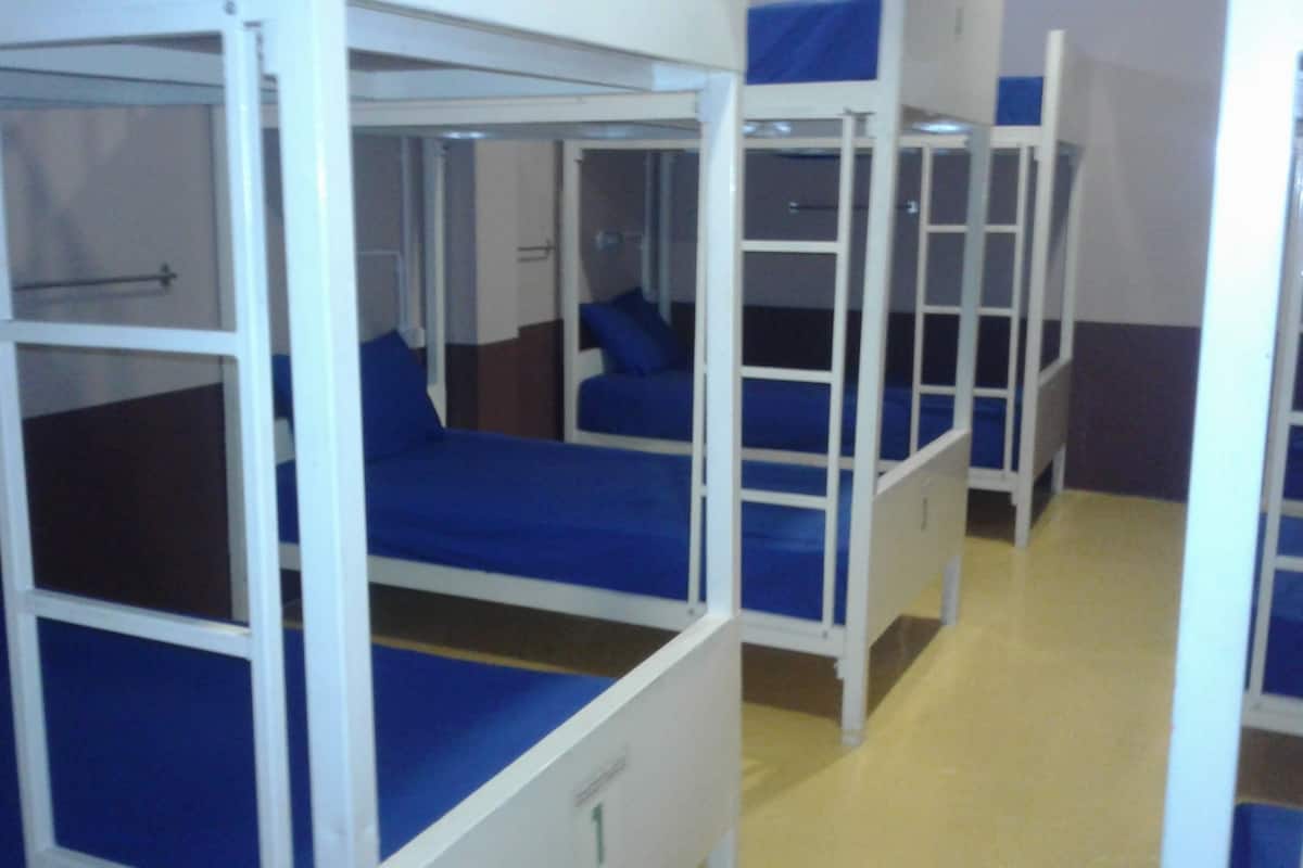 Bunk beds with blue bedding in a dormitory-style room.