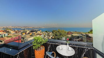 Un balcón con vistas a la ciudad y al mar, una planta en maceta y una mesa con sillas.