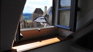 A skylight window with a view of a town.