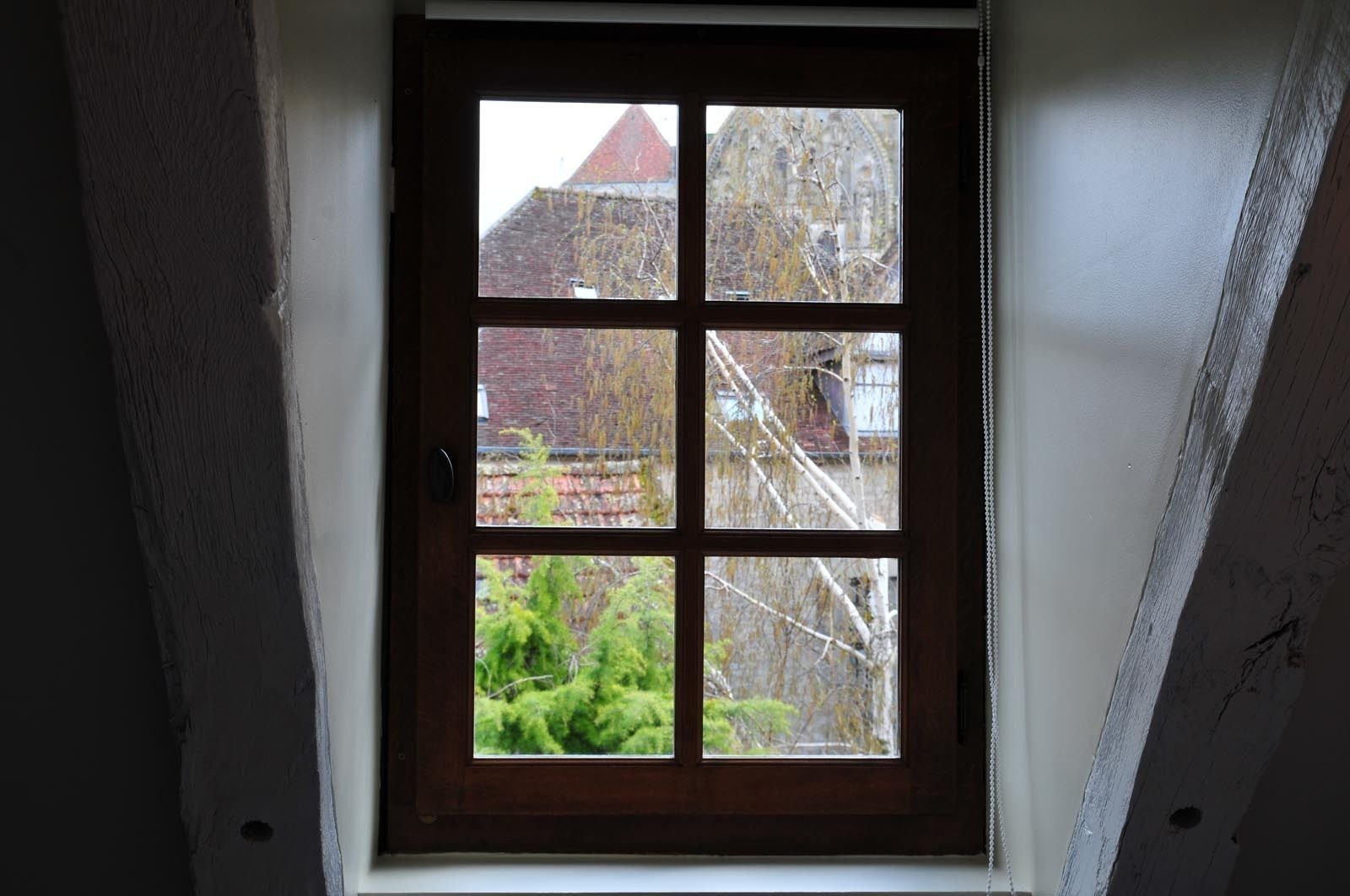 Una ventana con vistas a edificios y árboles.