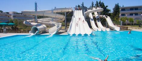 A swimming pool with multiple slides and a clear blue sky.