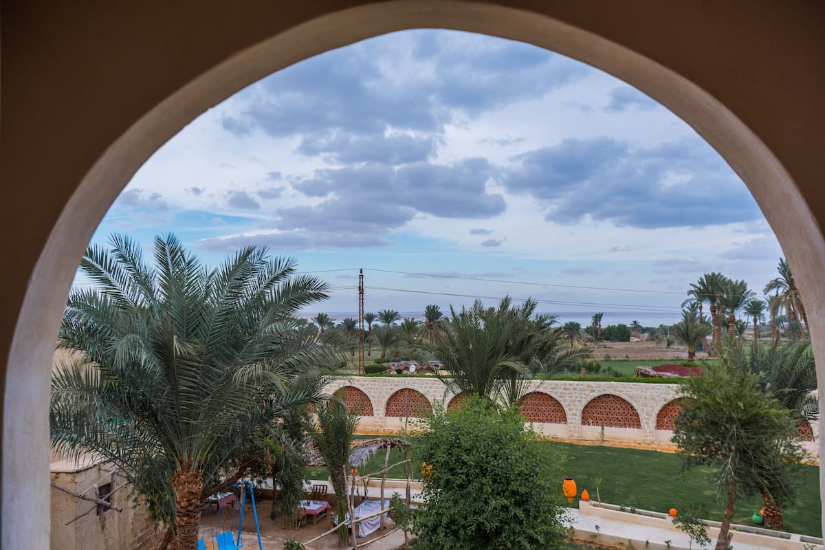 A view through a circular window of a courtyard with palm trees, a stone archway, and a grassy area.