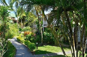 A pathway leading through a lush garden with palm trees and various plants, flanked by buildings with balconies. - Aquarela Praia Hotel (Porto Seguro)