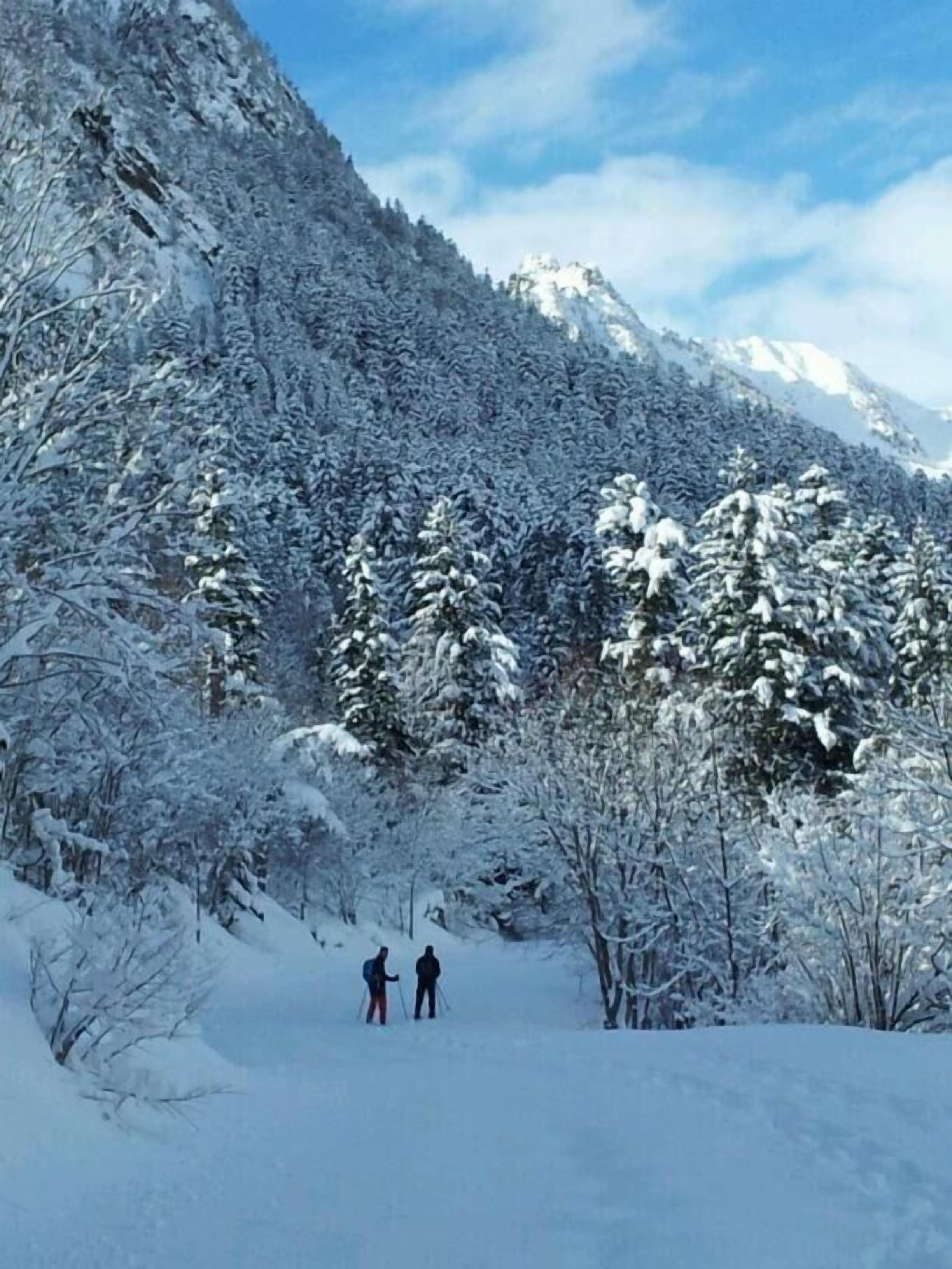 A snowy mountain landscape with two skiers.