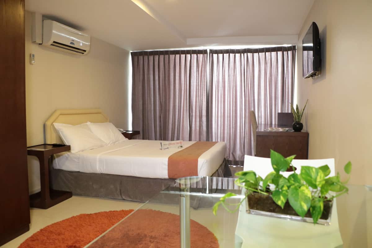A hotel room with a bed, a TV mounted on the wall, an air conditioning unit, a window with curtains, and a potted plant on a table.