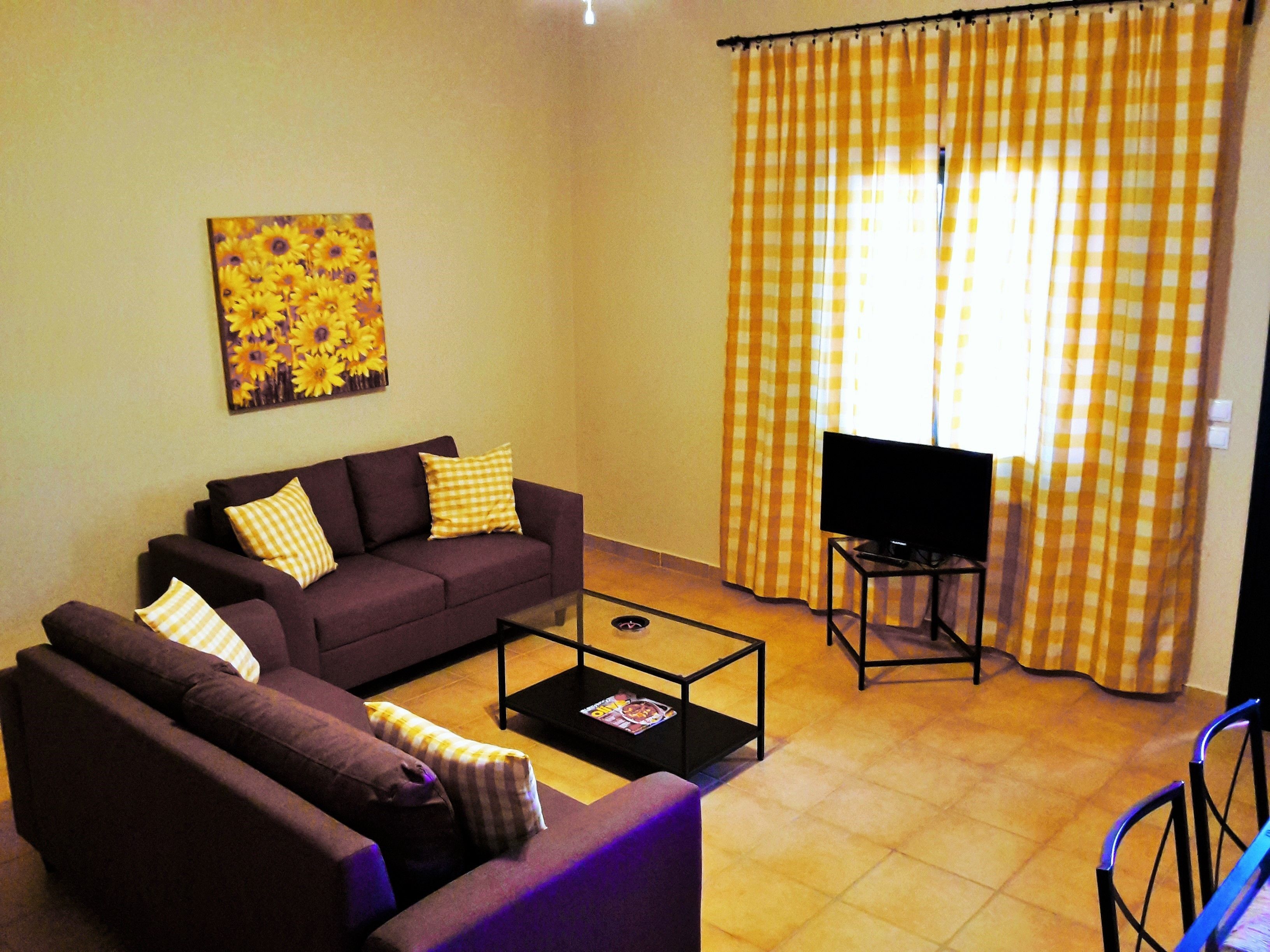 A living room with a sofa set, a coffee table, a flat-screen TV on a stand, and checkered curtains.