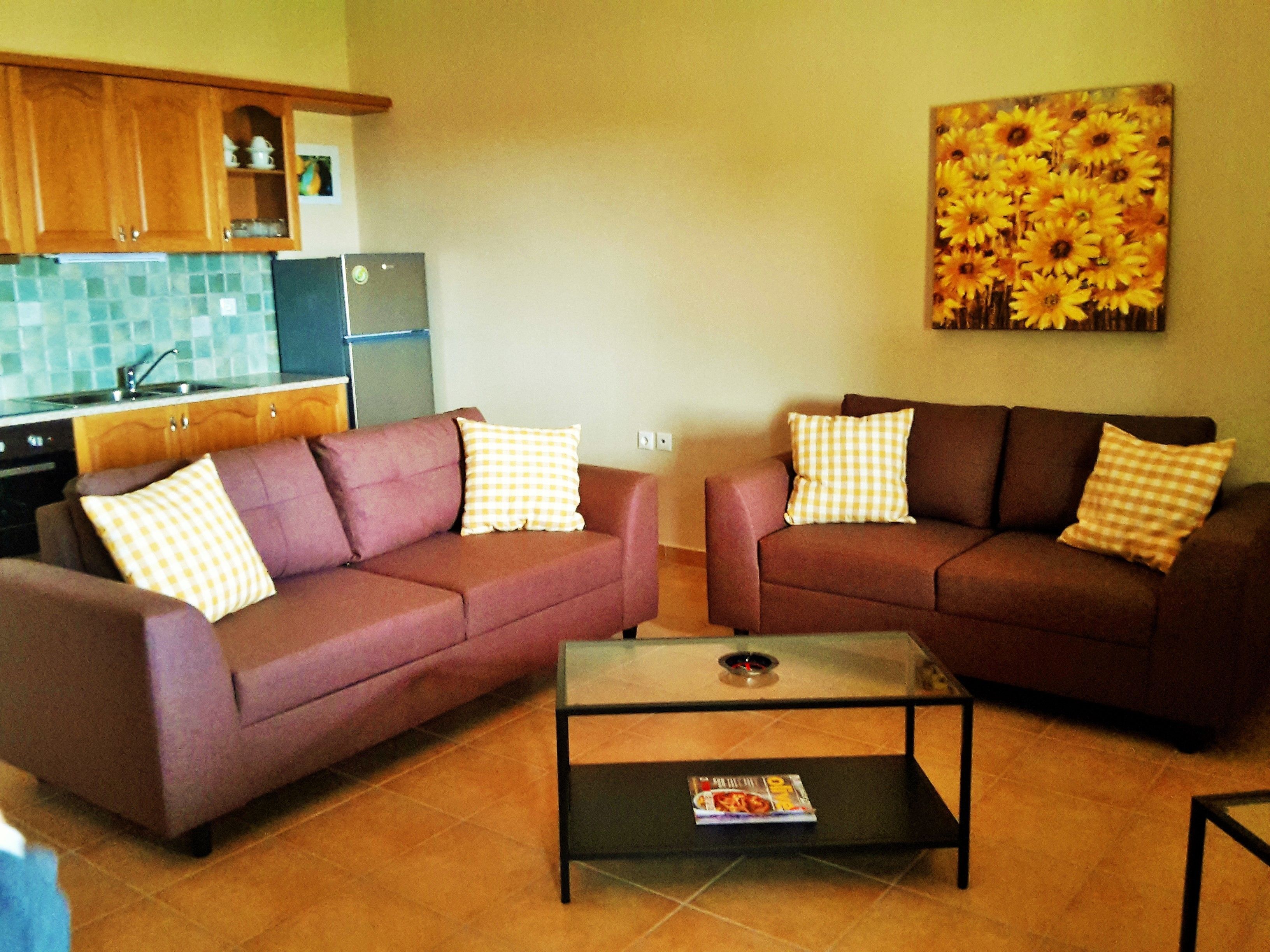 A living room with two sofas, a coffee table, and a kitchen in the background.
