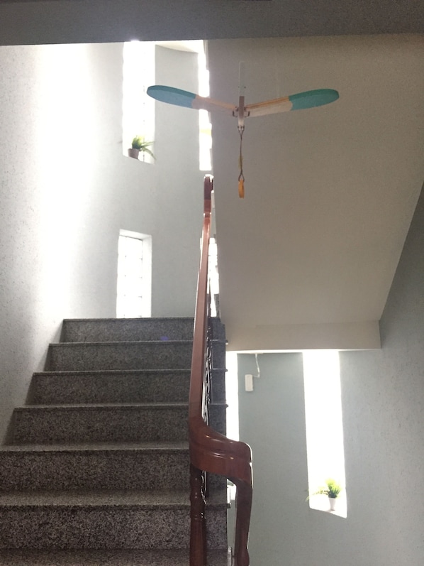 A staircase with a handrail, a ceiling fan, and a window with a plant.