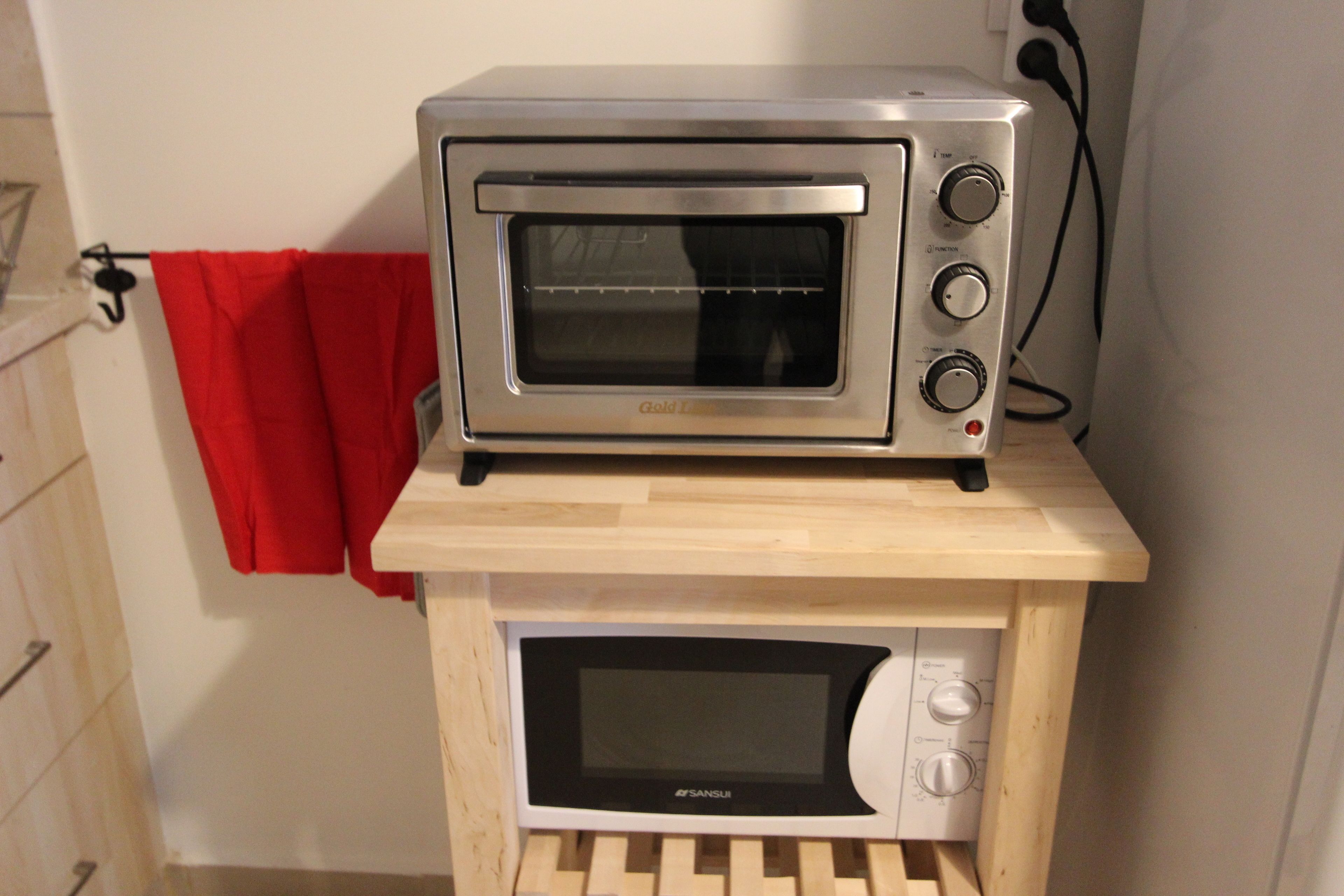 A compact kitchen setup with a built-in toaster oven and microwave.