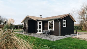 A single-story house with a dark exterior, a tiled roof, and a paved patio area.