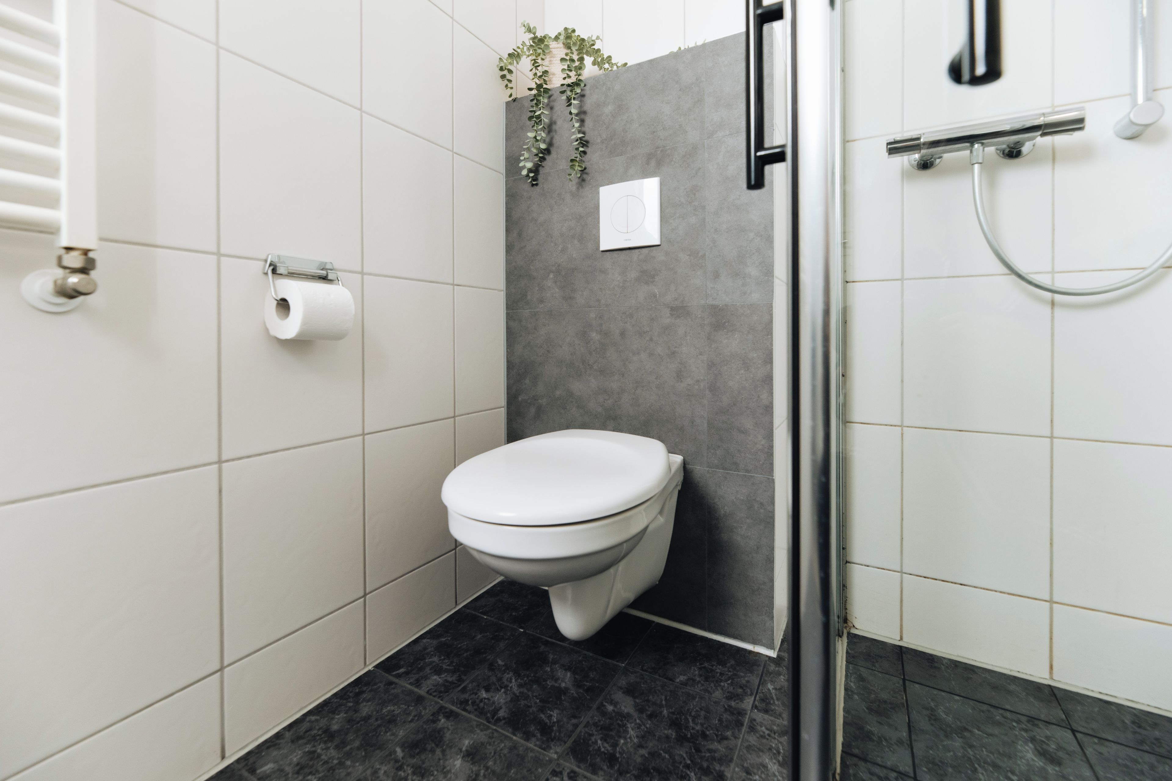 Moderni kylpyhuone, jossa on wc, suihku ja käsienkuivaaja.