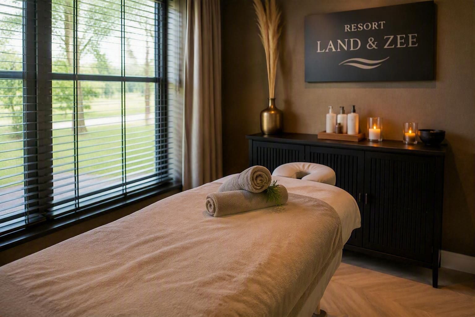 A hotel room with a bed, a nightstand with toiletries, a window with blinds, and a sign reading 'Resort Land & Zee'.