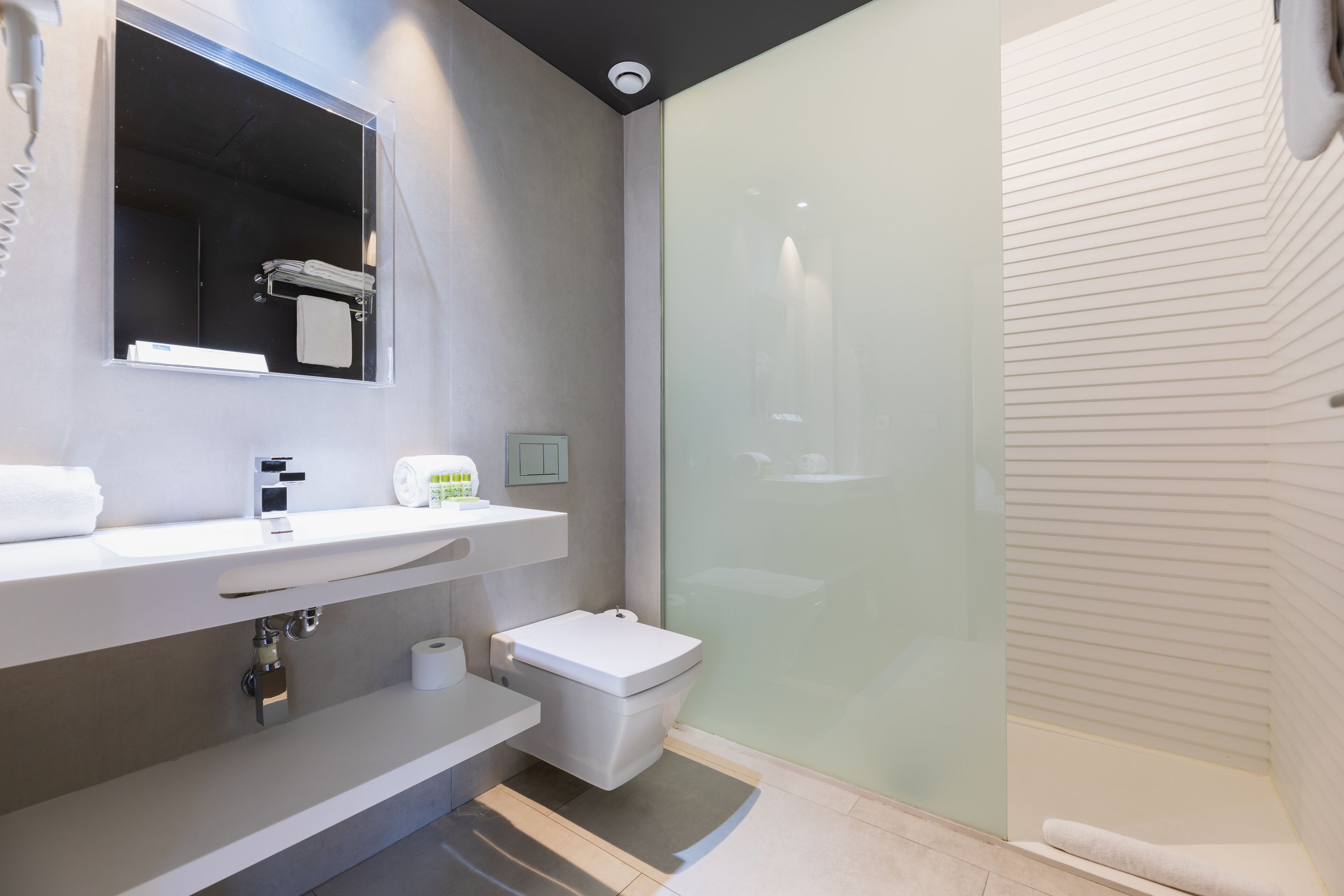 Une salle de bain moderne avec une douche à parois de verre, un lavabo blanc et des toilettes.