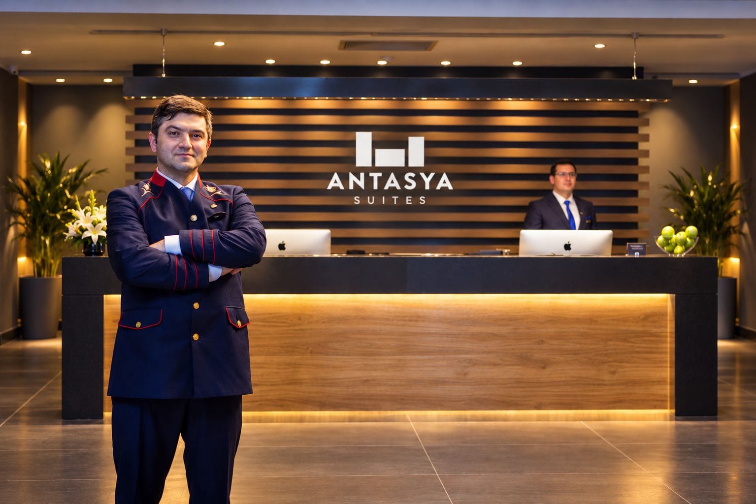 Una mesa de recepción con un cartel que dice 'ANTASYA SUITES' y dos personas de pie frente a ella.