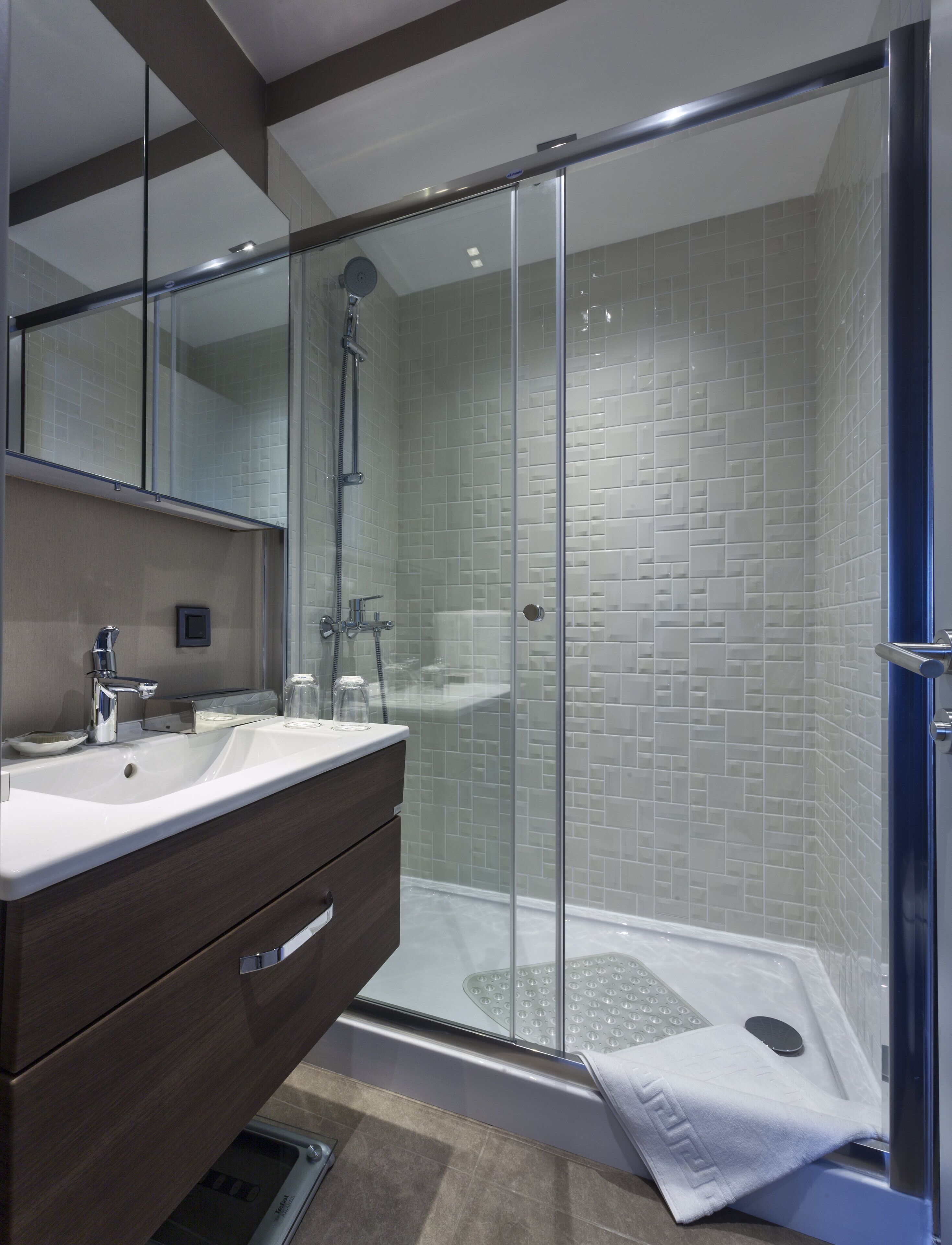 shower, designer toiletries, hair dryer, bathrobes