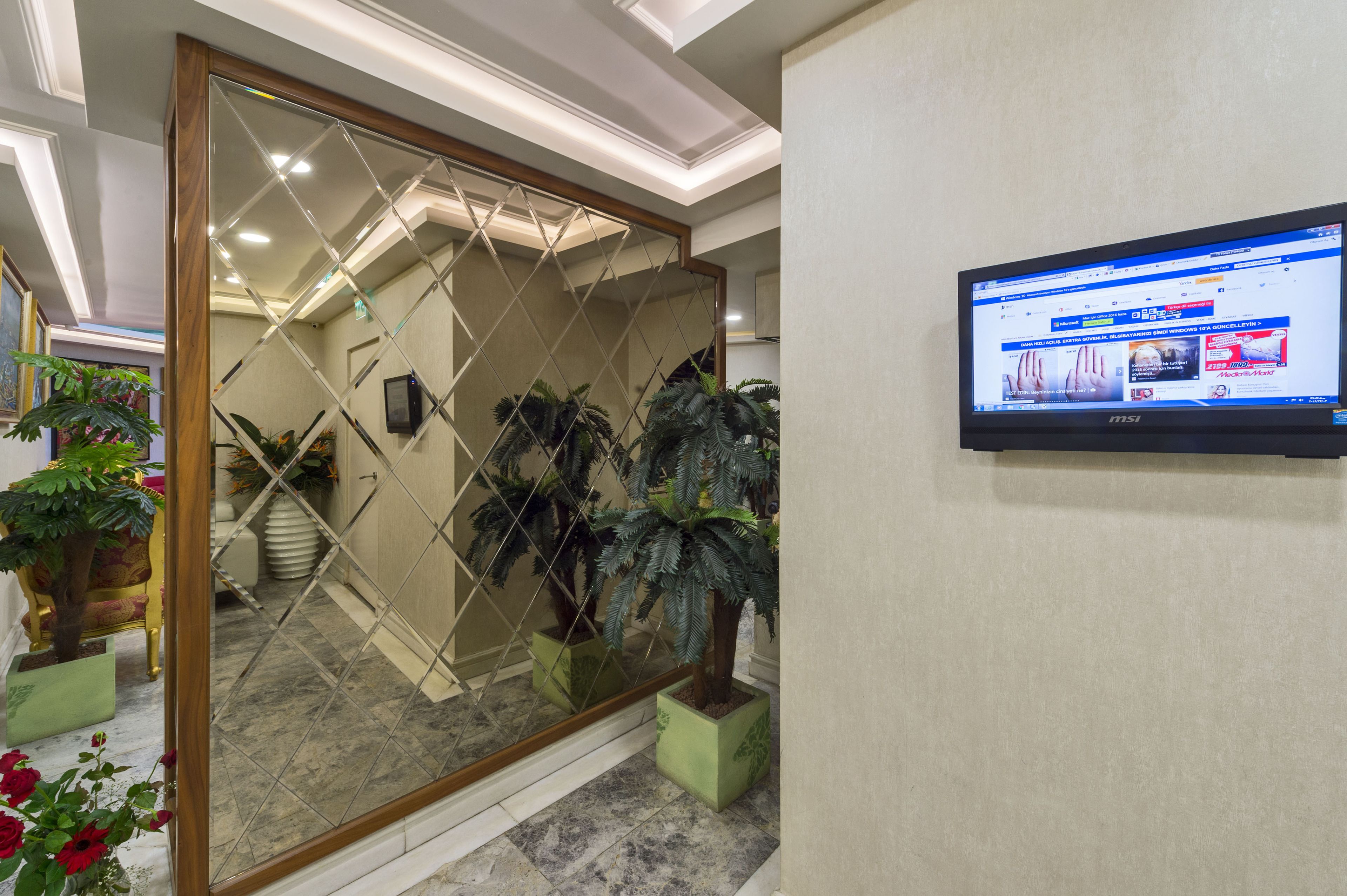 Un área de recepción con un panel espejado, un televisor montado mostrando una página web y plantas en macetas.