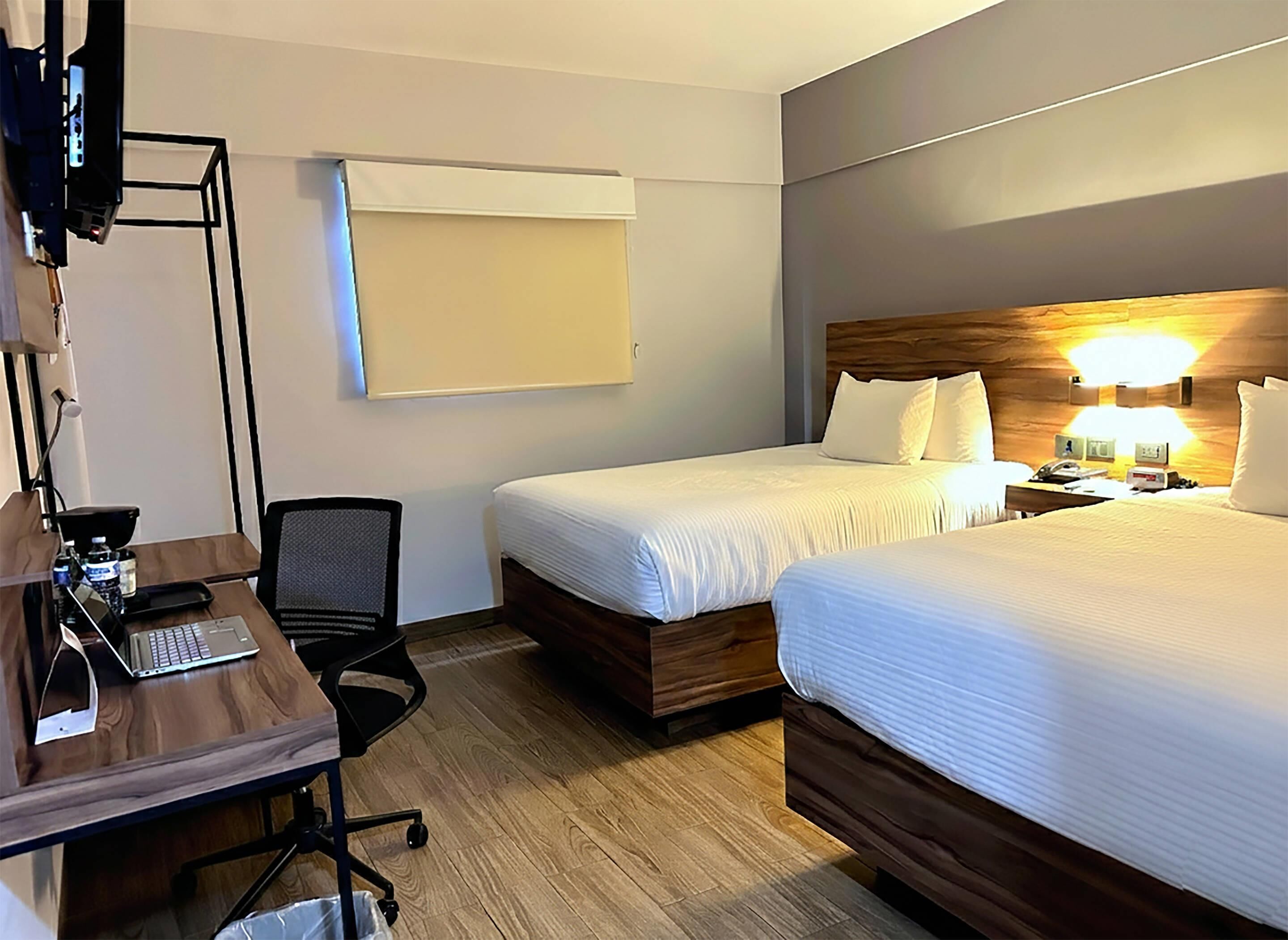 Standard Room, 2 Double Beds, Non Smoking | Desk, laptop workspace, blackout drapes, soundproofing