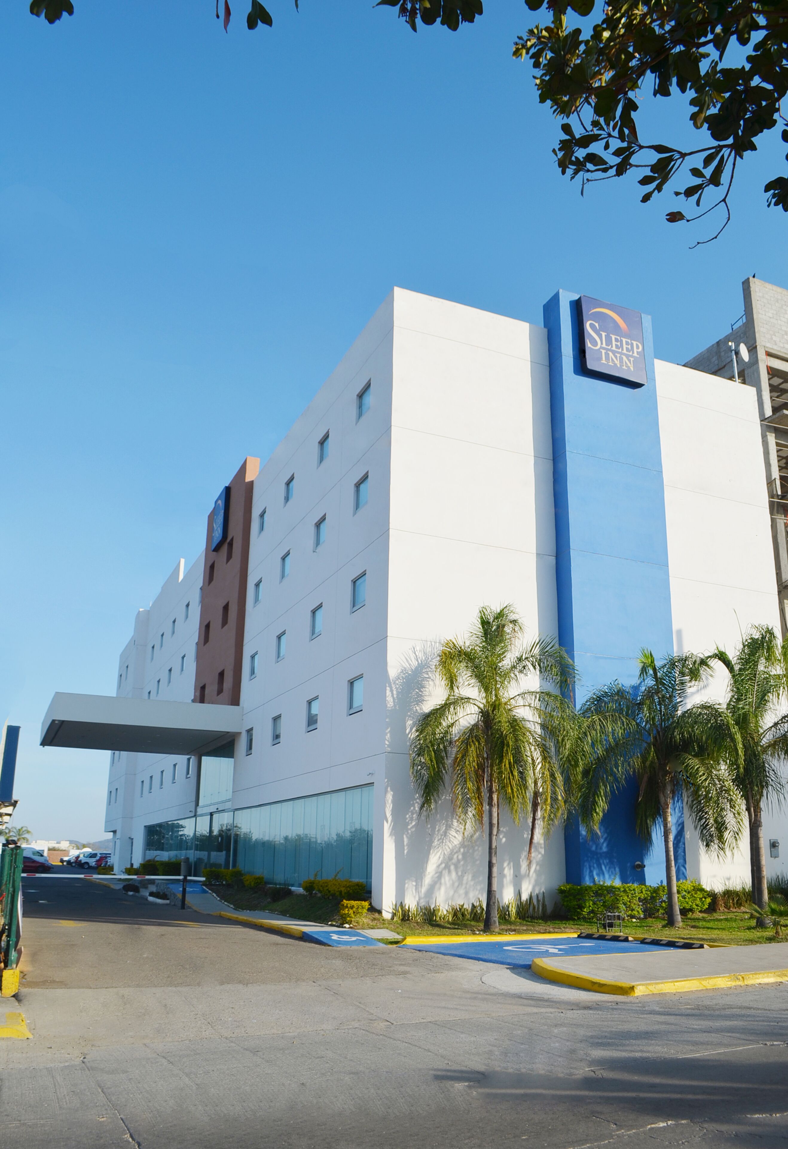 Un hotel Sleep Inn con diseño moderno, que presenta una fachada destacada en azul y blanco, un acceso cubierto y palmeras en primer plano.