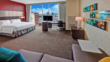 Desk, laptop workspace, blackout drapes, iron/ironing board