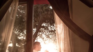 Una persona sentada a una mesa junto a una ventana con cortinas translúcidas, luz solar entrando.