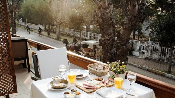 Una mesa dispuesta para el desayuno, con vista a una calle donde se ve un carruaje tirado por caballos, y un árbol en primer plano.