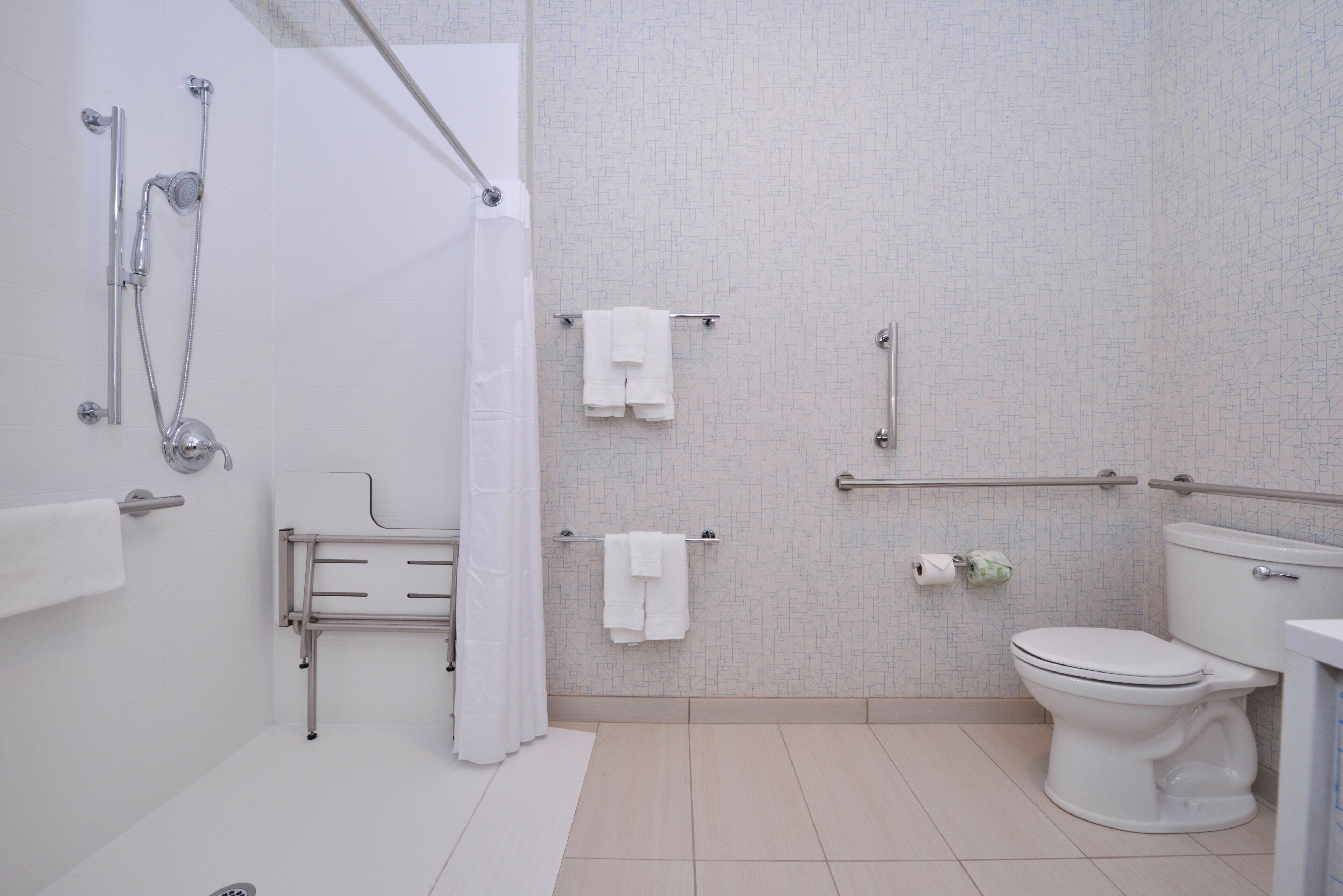 A bathroom with a shower, toilet, and towel rack.