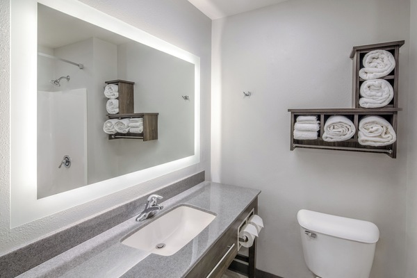 Combined shower/tub, free toiletries, hair dryer, towels